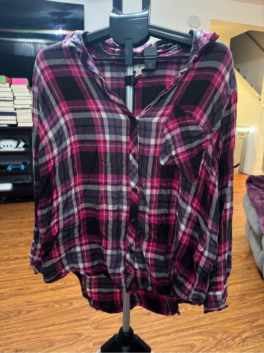 Terra & Sky Magenta and Black Plaid Hooded Shirt